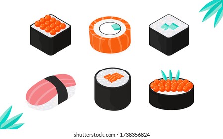 Set of six rolls: sushi with tuna, cucumber rolls, salmon roll, red caviar roll