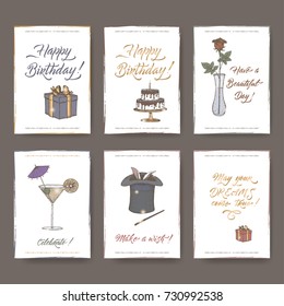 Set Of Six Romantic A4 Format Color Vintage Birthday Cards With Calligraphy, Gift, Cake, Flower, Cocktail And Magic Hat Hand Drawn Sketch. Great For Holiday Design.