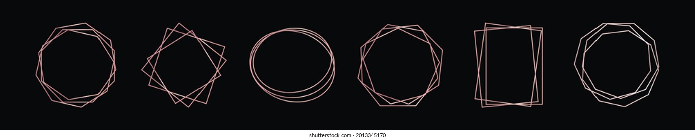 Set of six rose gold geometric polygonal frames with shining effects isolated on dark background. Empty glowing art deco backdrop. Vector illustration