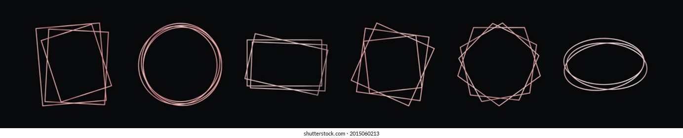 Conjunto de seis marcos geométricos geométricos poligonales de color rosa con efectos brillantes aislados en el fondo oscuro. Fondo de arte deco brillante vacío. Ilustración del vector