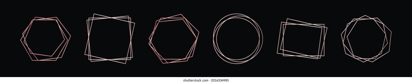 Set of six rose gold geometric polygonal frames with shining effects isolated on dark background. Empty glowing art deco backdrop. Vector illustration