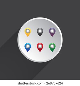 Set of six round, colorful map pointers