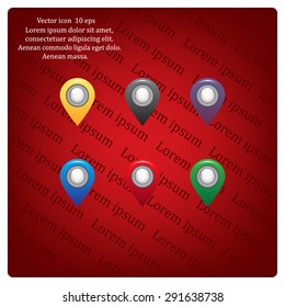 Set of six round, colorful map pointers