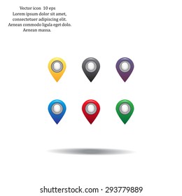 Set of six round, colorful map pointers
