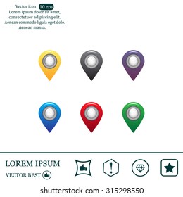 Set of six round, colorful map pointers