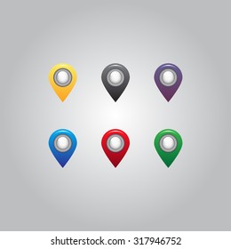 Set of six round, colorful map pointers