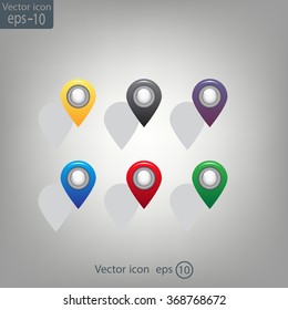 Set of six round, colorful map pointers