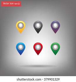 Set of six round, colorful map pointers