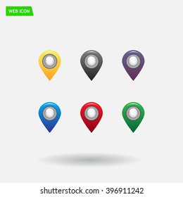 Set of six round, colorful map pointers