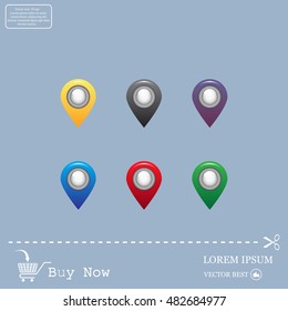Set of six round, colorful map pointers