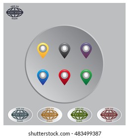Set of six round, colorful map pointers