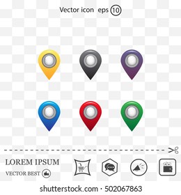 Set of six round, colorful map pointers