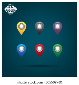 Set of six round, colorful map pointers
