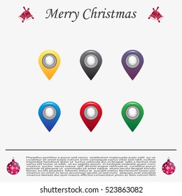 Set of six round, colorful map pointers