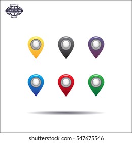 Set of six round, colorful map pointers
