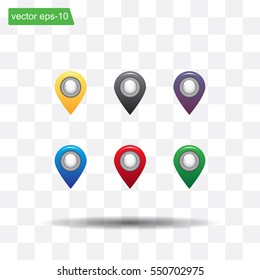 Set of six round, colorful map pointers