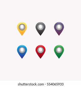 Set of six round, colorful map pointers