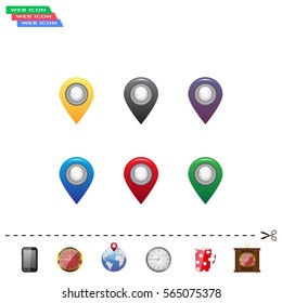 Set of six round, colorful map pointers