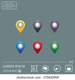 Set of six round, colorful map pointers