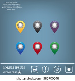 Set of six round, colorful map pointers