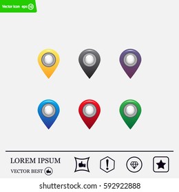 Set of six round, colorful map pointers