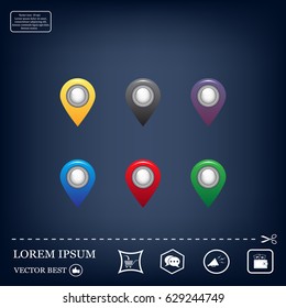 Set of six round, colorful map pointers