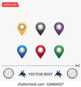 Set of six round, colorful map pointers