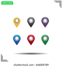 Set of six round, colorful map pointers
