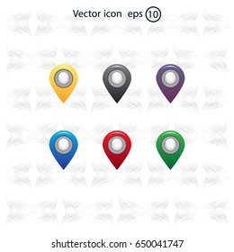 Set of six round, colorful map pointers