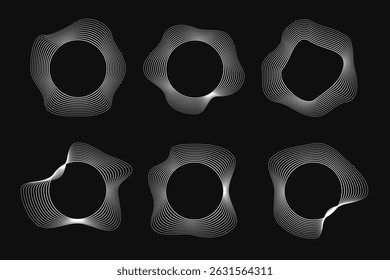 Set of six round curved frames with dynamic wavy stripes. Collection of white wavy circles on a black background. Design element. Vector illustration