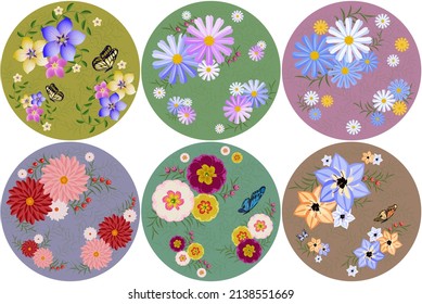 Set of six round design flower composition with butterfly. Spring fresh colors. Vector illustration.