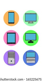 Eine Reihe von sechs runden Symbolen für zeitgenössische Technik und Computer-Smartphone-Laptop-Laptop auf weißem Hintergrund. Vektorillustration.