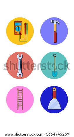 A set of six round icons for the current one with different construction tools for repairing a tester hammer wrench spade ladder putty knife on a white background. Vector illustration.