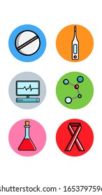 Set of six round icons for topical with medical medical pharmacological subjects tablet thermometer molecule monitor flask on a white background. Vector illustration.