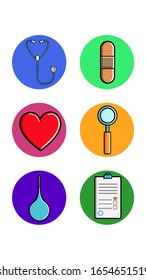 Conjunto de seis íconos redondos para tópicos con objetos médicos farmacológicos el espantoscopo del corazón magnifica el documento enema sobre un fondo blanco. Ilustración del vector
