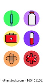 A set of six round icons for topical with medical medical pharmacological subjects a jar of pills and drugs, a syringe first aid kit and a band-aid on a white background. Vector illustration