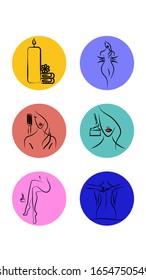 Ein Satz von sechs runden Symbolen für die topische Gestaltung eines Wellness-Beauty-Salons macht die Entspannung der Kosmetologie auf weißem Hintergrund aus. Vektorillustration.