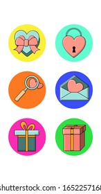Set of six round icons for trendy with love holiday objects hearts lock gifts magnifier and sweets on a white background. Vector illustration.