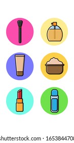 Set of six round icons for trendy with fashion items from the beauty industry makeup brush perfume foundation cream lipstick on a white background. Vector illustration.