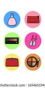 A set of six round icons for trendy with fashion items from the beauty industry perfume cosmetic bag clutch bag powder box earrings on a white background. Vector illustration