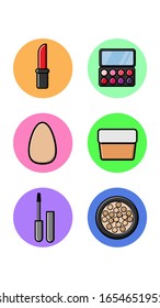 Set of six round icons for trendy with fashion items from the beauty industry lipstick powder box powder sponge cream and mascara on a white background. Vector illustration