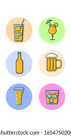 Set of six round icons for trendy with different tasty alcoholic drinks beer whiskey cocktails on a white background. Vector illustration.