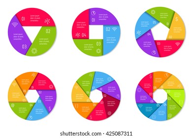 Set of six round infographic diagrams with 3, 4, 5, 6, 7, 8 options. Isolated paper sequence banners for tutorial. EPS10 progress steps templates.