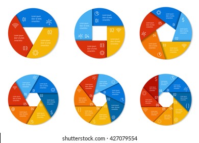 Set of six round infographic diagrams with 3, 4, 5, 6, 7, 8 options. Isolated paper sequence banners for tutorial. EPS10 progress steps templates.