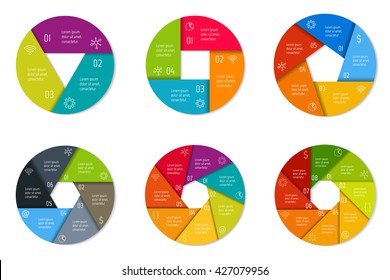 Set of six round infographic diagrams with 3, 4, 5, 6, 7, 8 options. Isolated paper sequence banners for tutorial. EPS10 progress steps templates.
