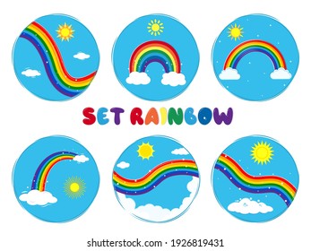 Set of six round multicolored rainbow icon, shining stars, sun and clouds on a blue sky background. Vector illustration, cartoon style.