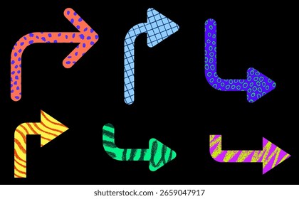 Set of six rounded arrows with vibrant textures on black background. Vector illustration for playful modern design.