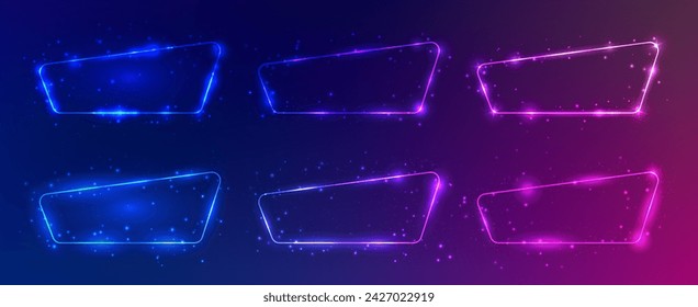 Set of six rounded neon frames with shining effects and sparkles on purple background. Empty glowing techno backdrop. Vector illustration