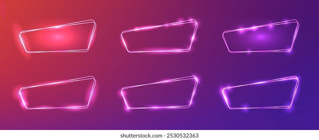 Set of six rounded neon frames with shining effects on dark pink background. Empty glowing techno backdrop. Vector illustration