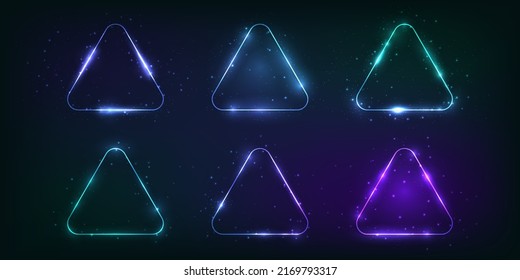 Set of six rounded triangle neon frames with shining effects and sparkles on dark background. Empty glowing techno backdrop. Vector illustration